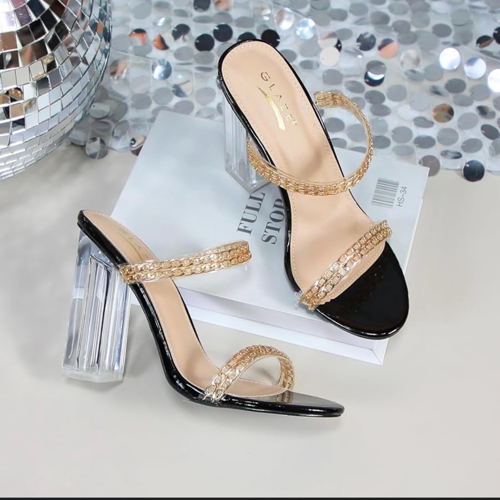 Black and Gold Women's Heeled Sandals